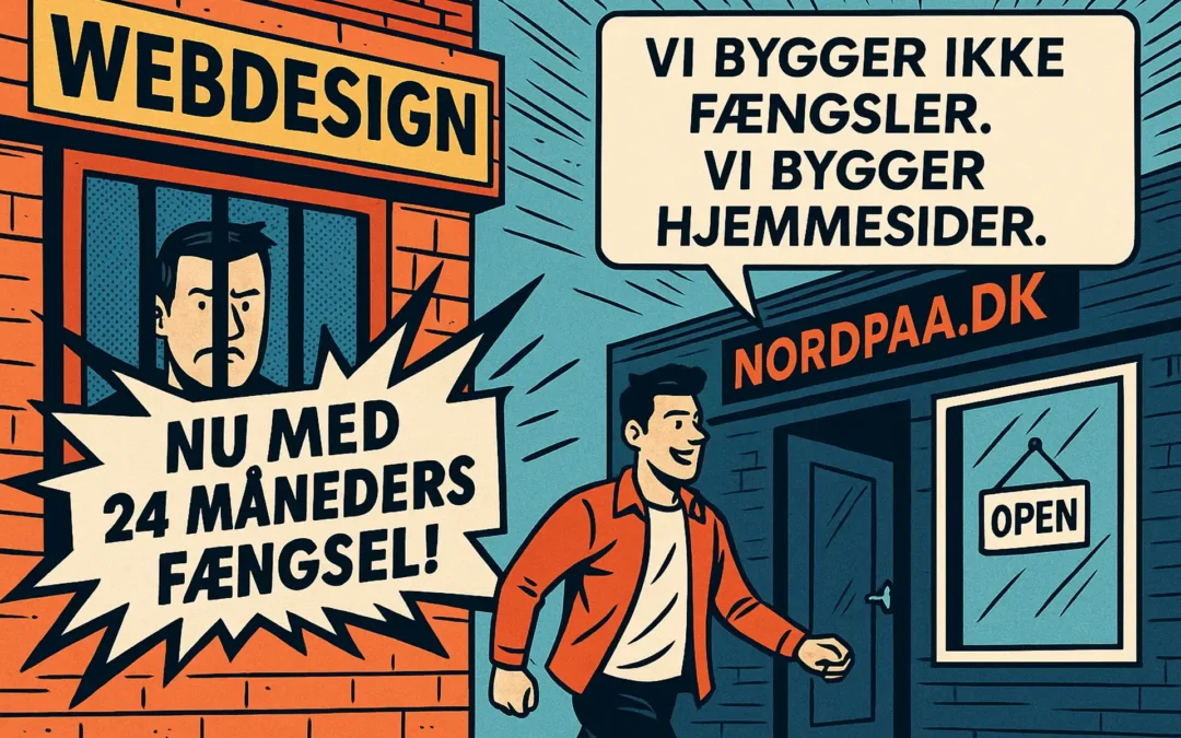 Humoristisk illustration af kunde fanget i bindingsperiode og Nordpaa-medarbejder der tilbyder en ny hjemmeside uden binding.