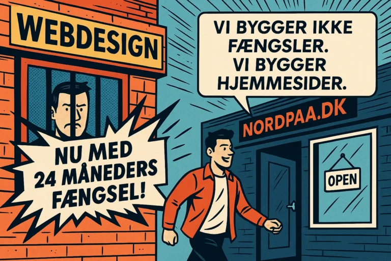 Humoristisk illustration af kunde fanget i bindingsperiode og Nordpaa-medarbejder der tilbyder en ny hjemmeside uden binding.
