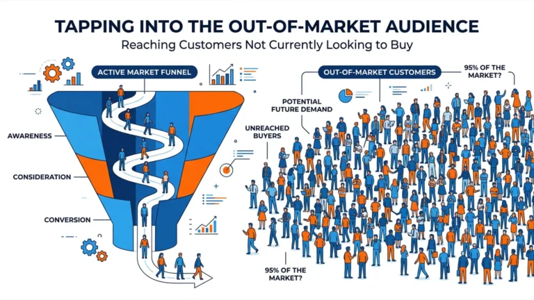 Illustration af marketing funnel hvor få kunder er in market mens en stor gruppe out of market kunder står udenfor tragten