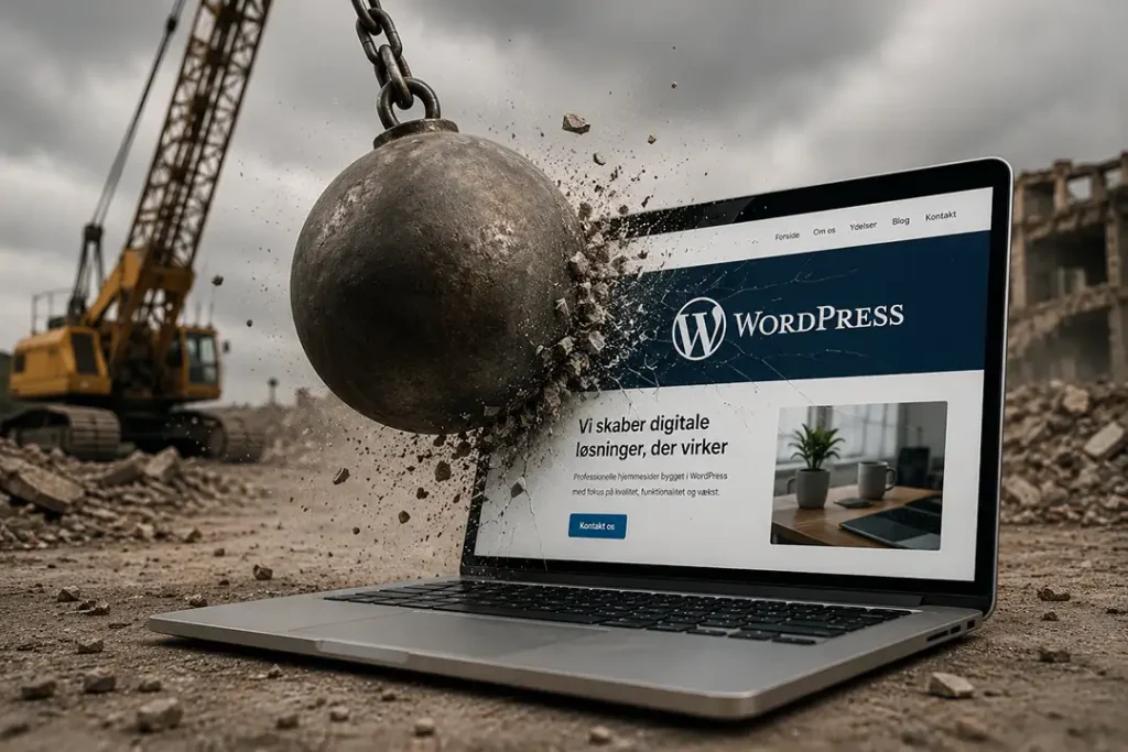 Er en WordPress hjemmeside forældet? Nedrivningskugle på vej mod laptop med WordPress hjemmeside som symbol på myten om at gamle hjemmesider skal udskiftes.