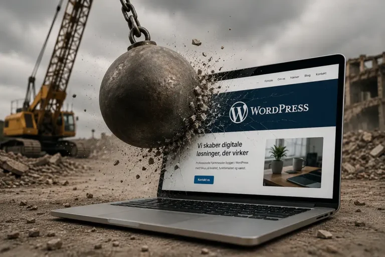 Er en WordPress hjemmeside forældet? Nedrivningskugle på vej mod laptop med WordPress hjemmeside som symbol på myten om at gamle hjemmesider skal udskiftes.